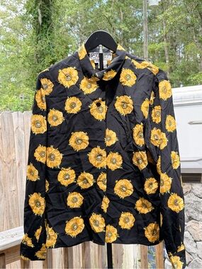 Carlisle Black Floral Button-Up Shirt with Yellow Sunflower Print Sz M 100% Silk